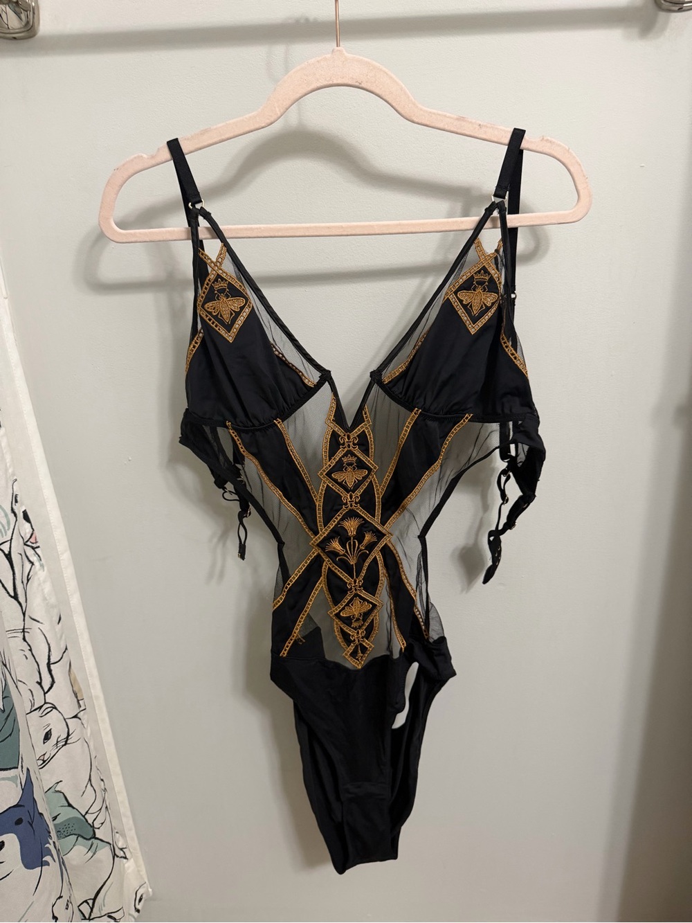 Thistle and Spire Black Bodysuit with Gold Embroidered Accents